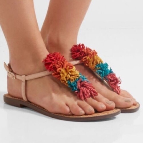 Sam Edelman Suede Multicolored Rainbow PomPom T-Strap Sandal Cream 9 - Picture 2 of 15